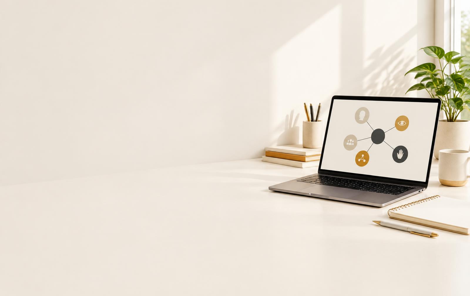 A naturally lit workspace with a laptop and notebook